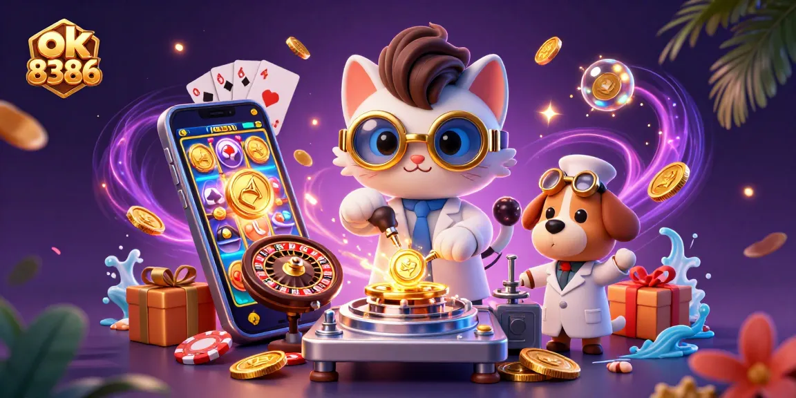 Experience ok 8386's thrilling gaming scene with fun slot games and massive golden coins erupting!