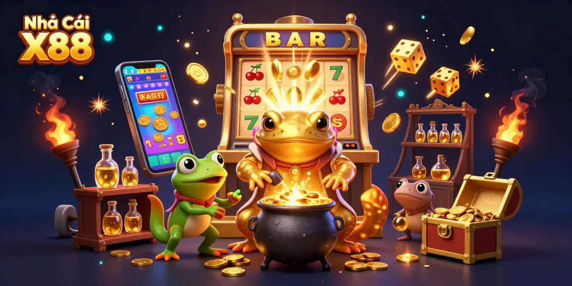 Experience the winning magic at Nhà Cái X88 with this vibrant casino-themed illustration featuring gold coins and games.