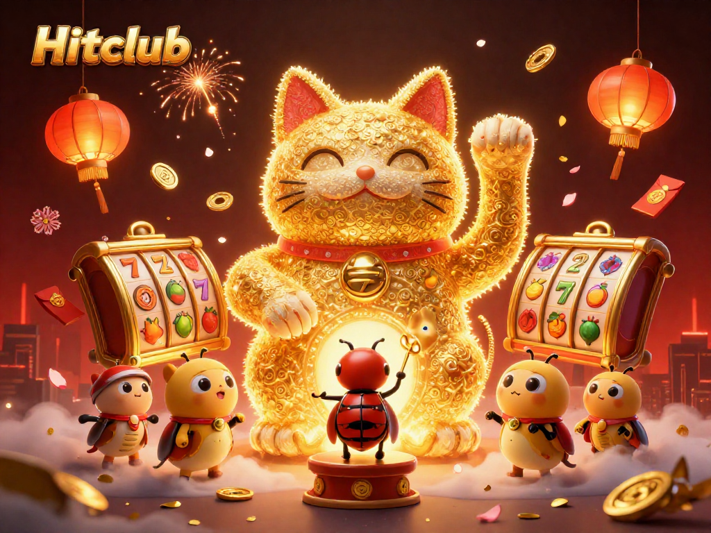 Hitclub showcases a lucky cat made of fireflies amid vibrant casino elements, creating a festive atmosphere.