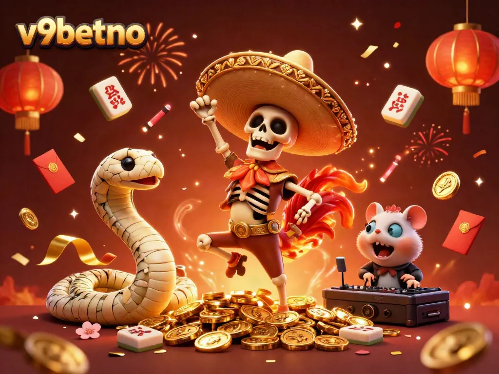 Experience the excitement at v9betno with animated characters celebrating on golden coins.