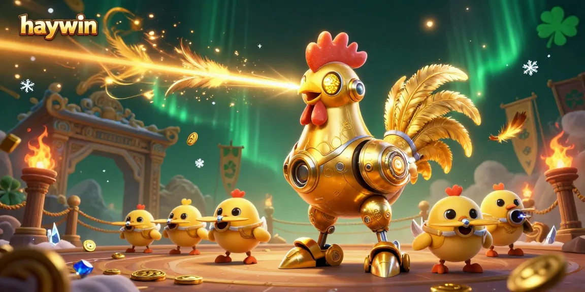 Engage in thrilling gameplay at haywin with a vibrant casino scene featuring an adventurous golden rooster robot.