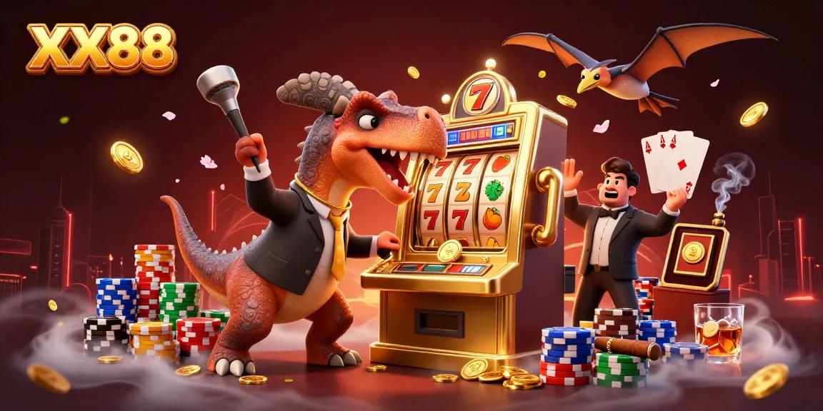 Experience thrilling jackpots at XX88 featuring a pachycephalosaurus winning at a golden slot machine!