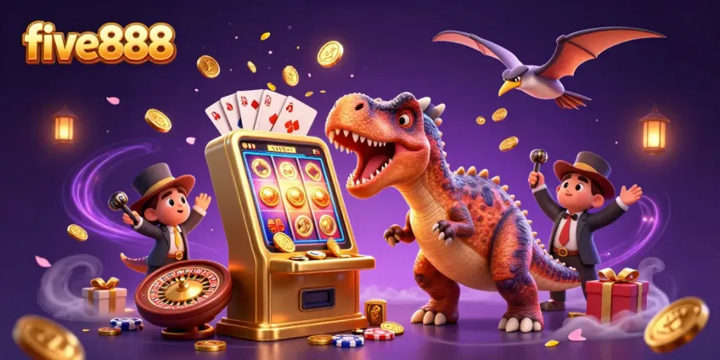 five888 offers a dynamic casino experience with a pachycephalosaurus jackpot scene, showcasing excitement and winning opportunities.
