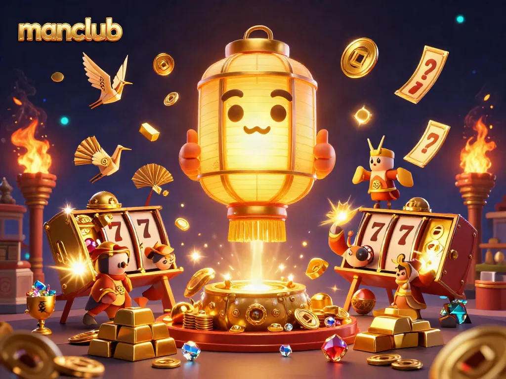 Engage with manclub's vibrant online casino, featuring golden lanterns and exciting slot elements.