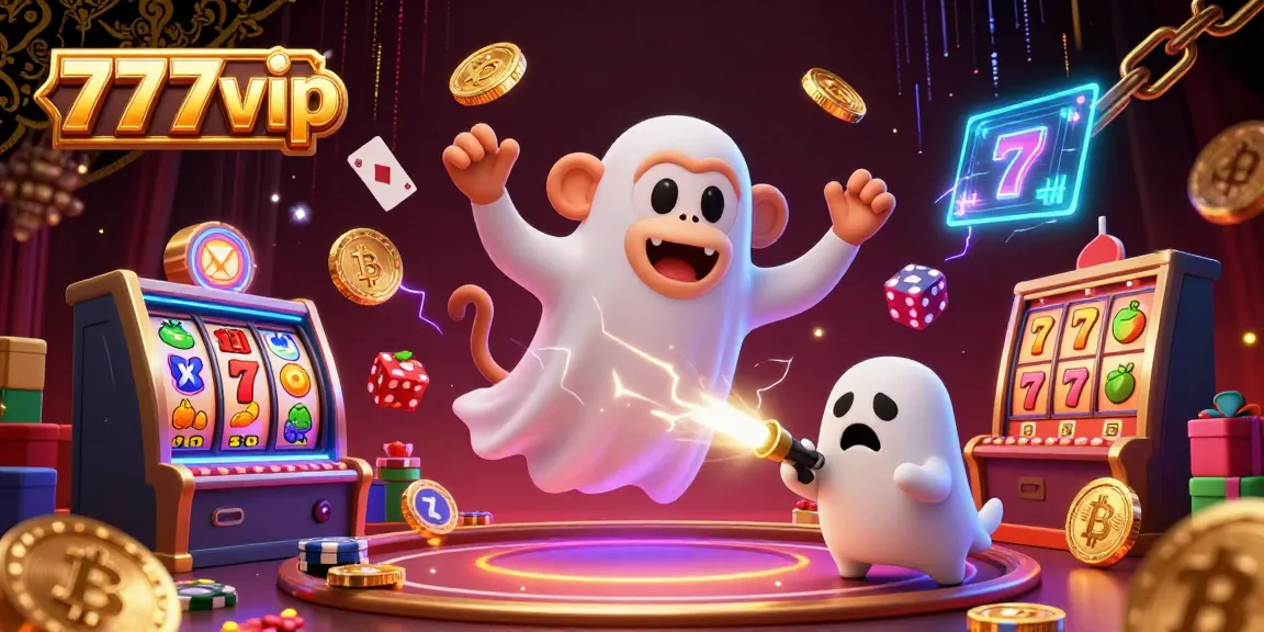 Engage with 777vip's ghostly fun as the mischievous monkey juggles golden casino treasures amidst vibrant slot reels.