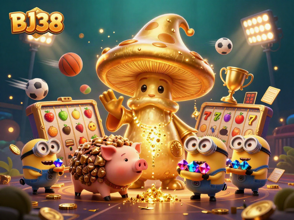 BJ38 wizard conjuring gold with truffle pig and mushroom minions among dynamic slot game elements.