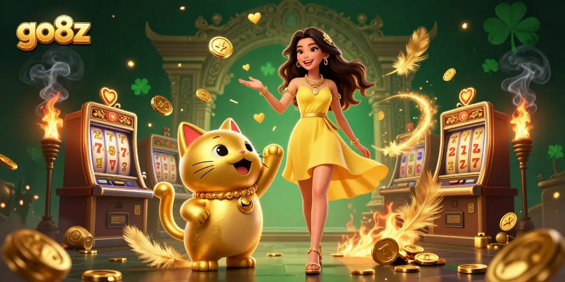 Engage with go8z's thrilling slot games as an Asian beauty interacts with a lucky cat amidst gold coins.