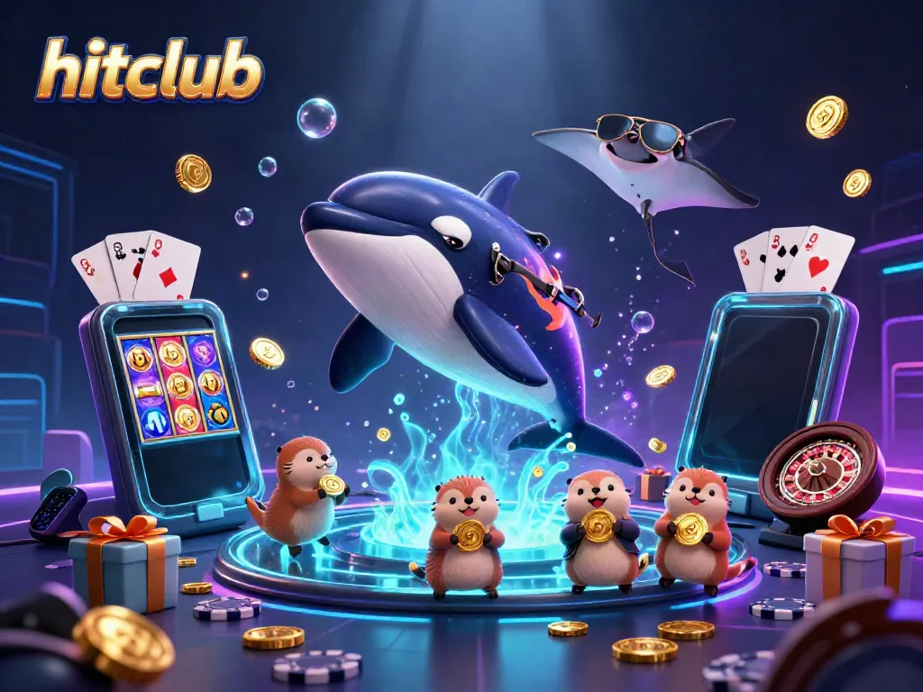 Hitclub's vibrant scene features an orca, stingray, and otters celebrating with golden coins in a rich underwater casino.