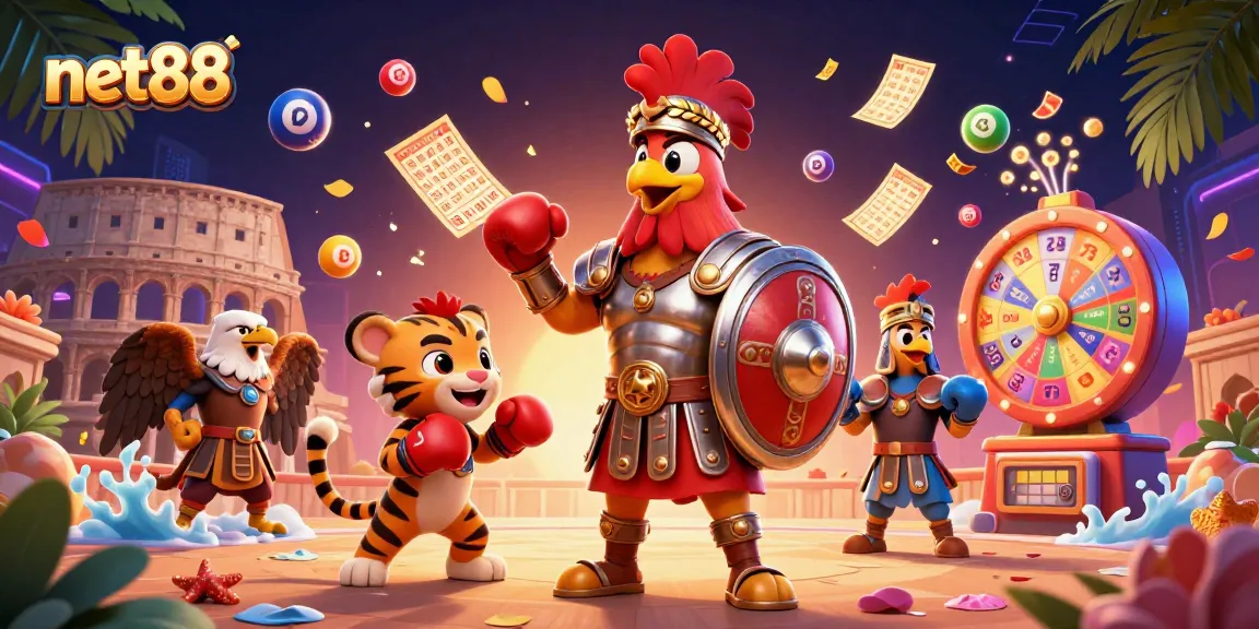 Experience the vibrant world of net88 with a dynamic 3D illustration showcasing betting excitement and casino action.