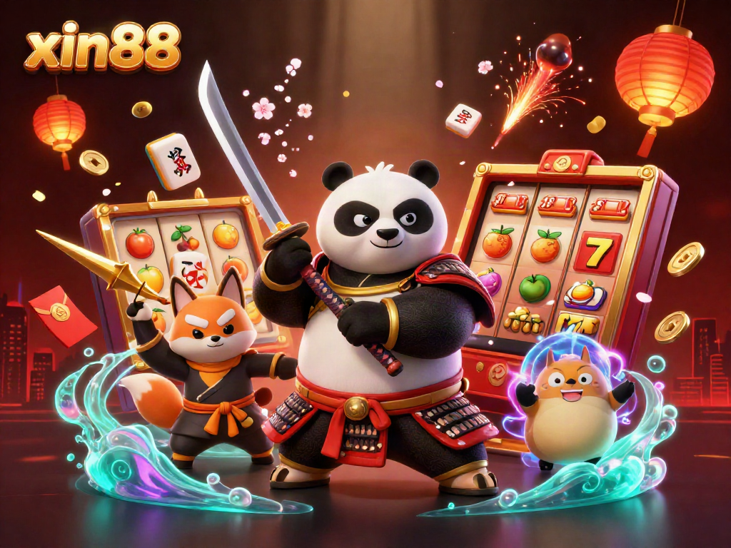 Experience the excitement of xin88 with a vibrant casino scene featuring a samurai panda and lucky elements.