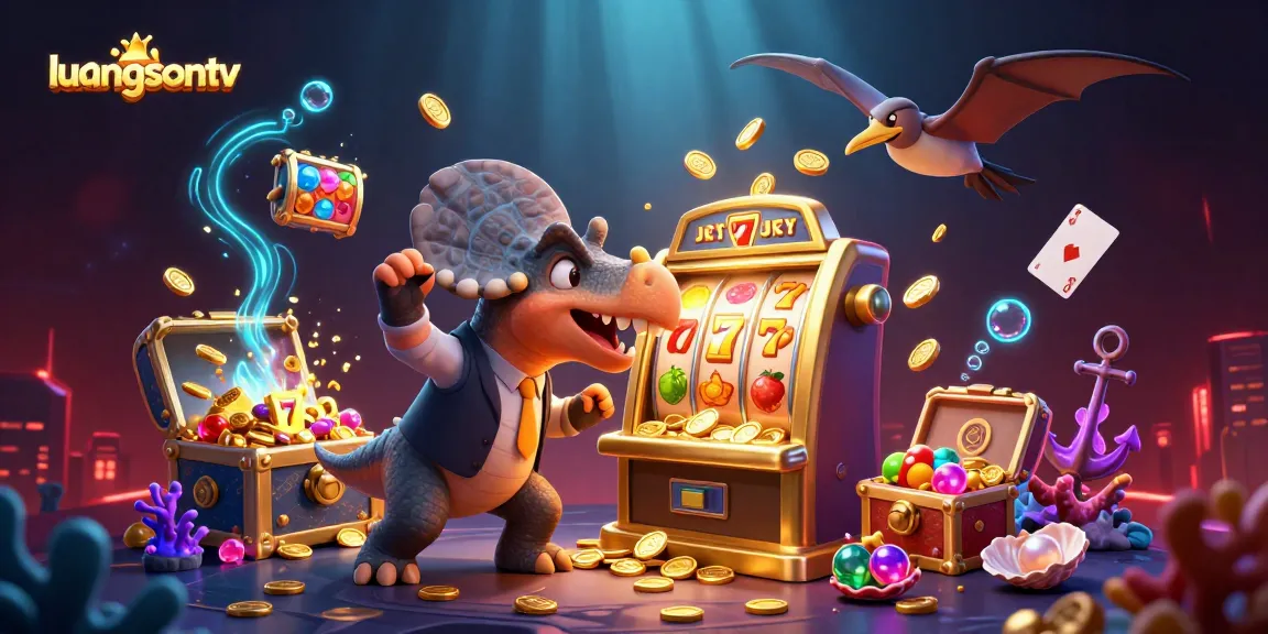 Experience the excitement of luongsontv as a pachycephalosaurus hits a slot machine jackpot amidst floating casino elements.