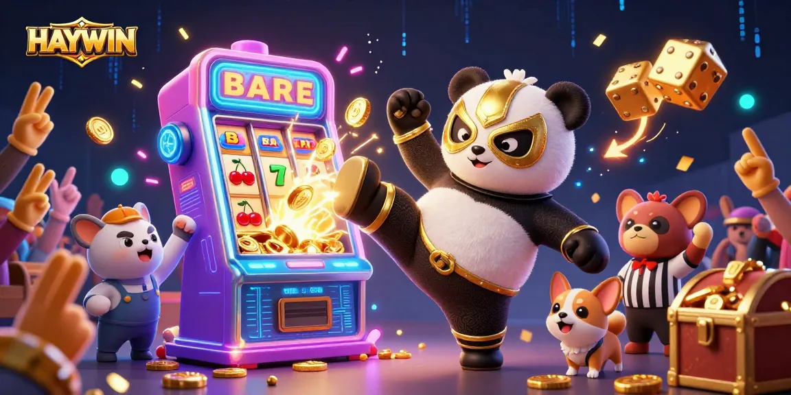 Experience HAYWIN's vibrant gaming atmosphere with a cartoon panda wrestler amidst jackpot excitement.