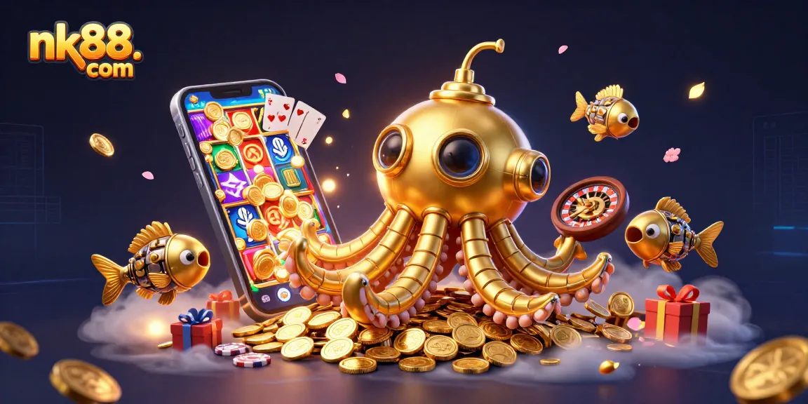Experience thrilling gameplay on nk88. com with a vibrant 3D scene of a kraken submarine amidst golden coins and gaming elements.