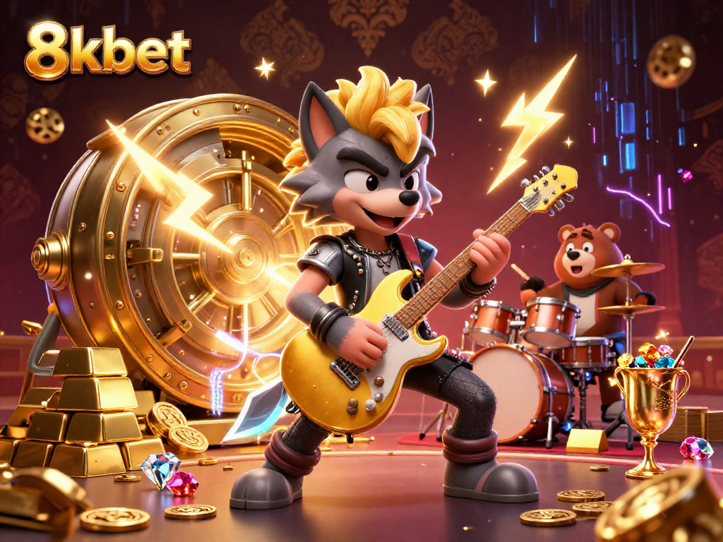 Experience thrilling online action with 8kbet as rock star wolf and drummer bear electrify the casino stage.