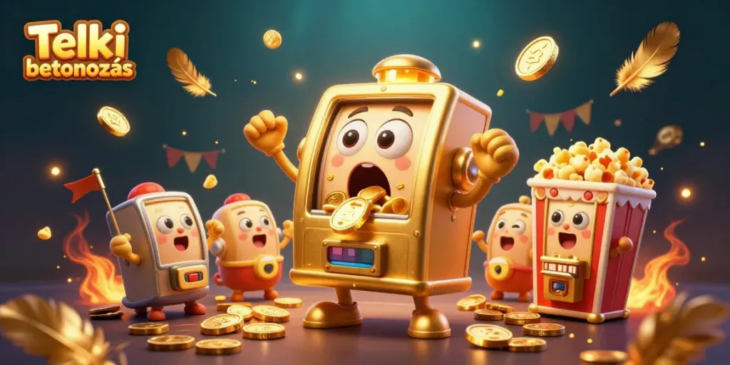 Experience Telki betonozás gold rush with a shocked slot machine hitting a jackpot amidst cheering characters and golden elements.