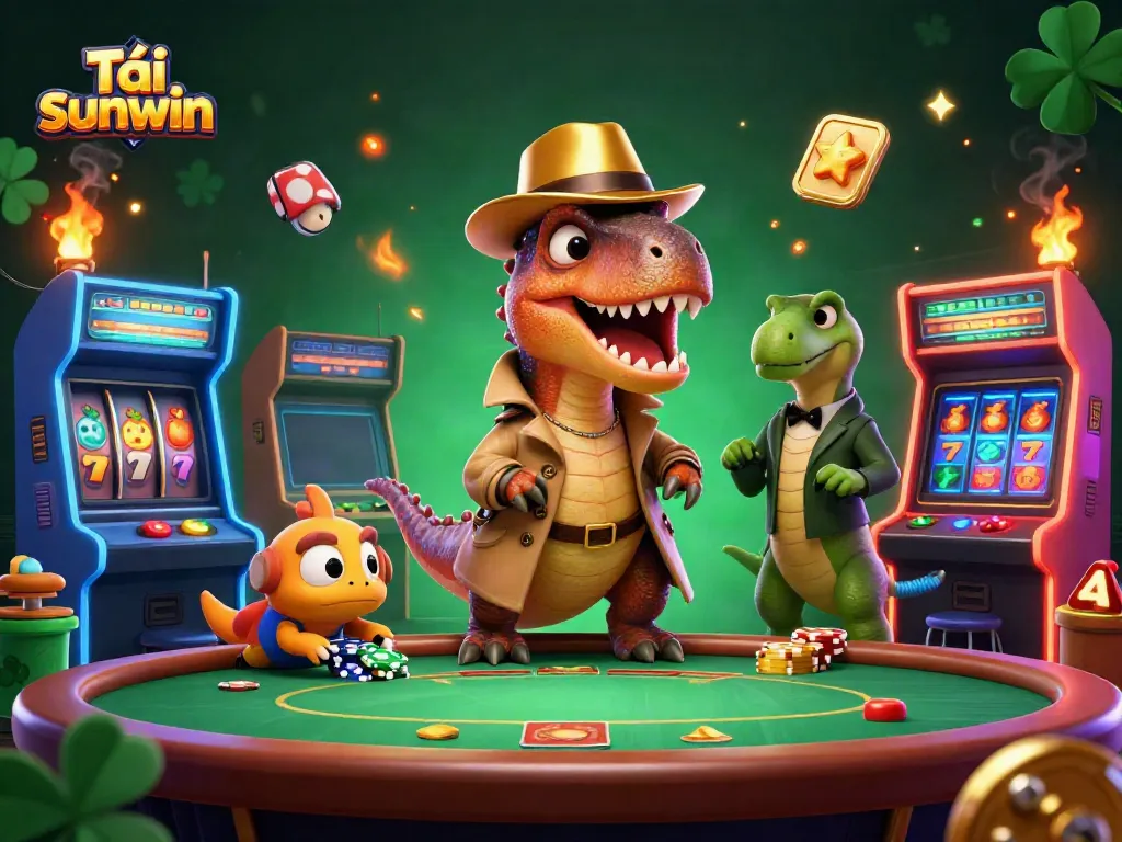Tải sunwin and win big at blackjack with a velociraptor card counter in a bustling casino scene.