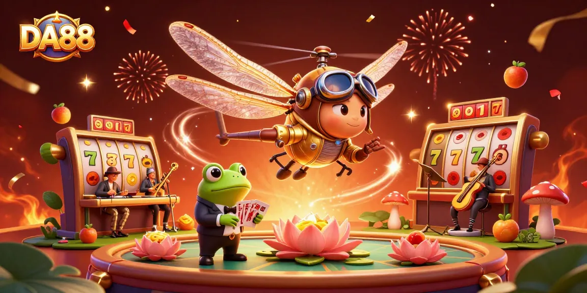 Engage with DA88's lively casino scene featuring slots, a dragonfly pilot, and a frog dealer.