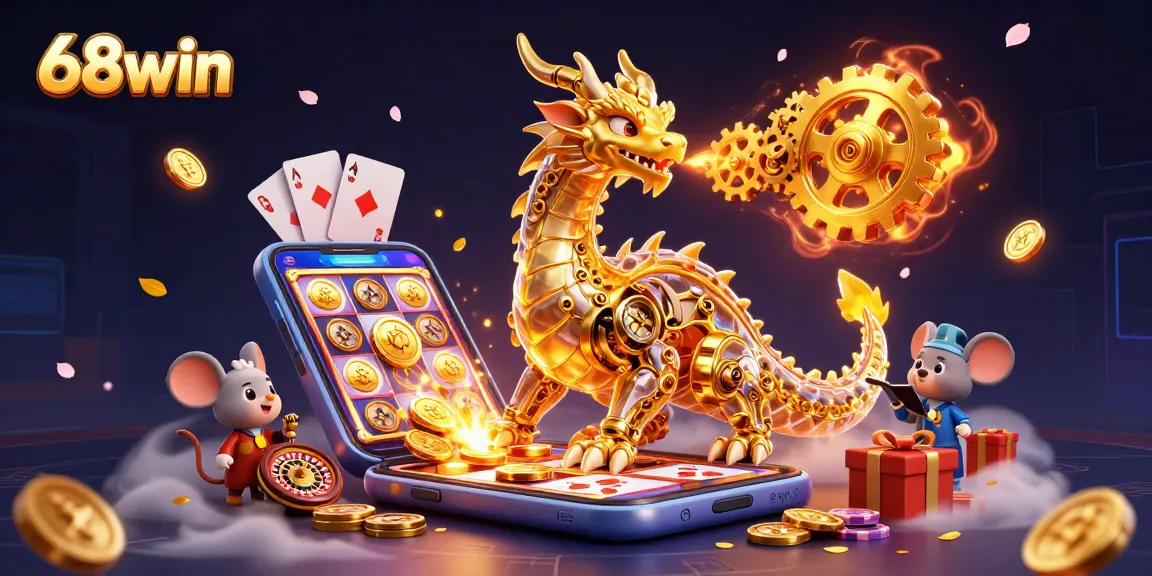 Experience the excitement of winning at 68win with an animated dragon and vibrant casino elements.