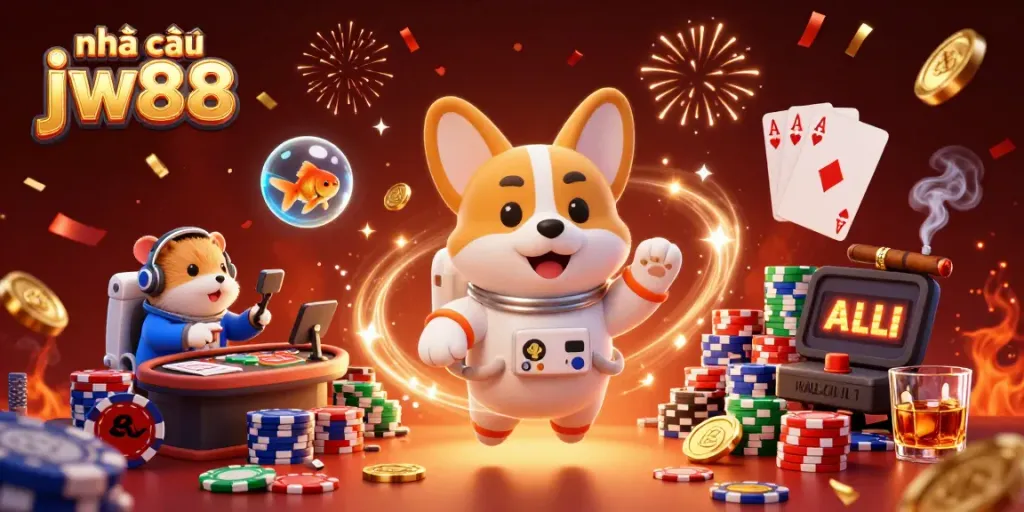 Play at nhà cái jw88 with thrilling action in a vibrant casino scene featuring imaginative characters.