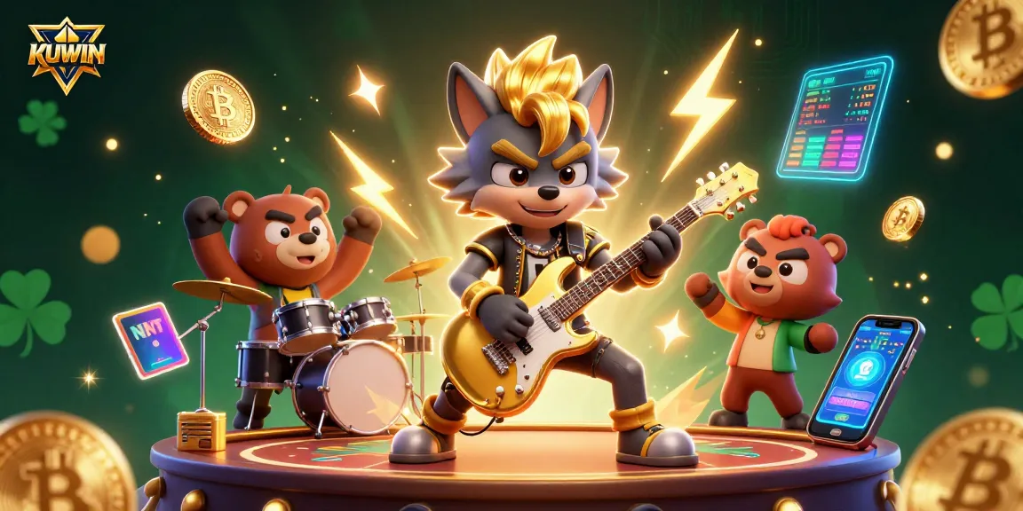 KUWIN ignites excitement on stage as a rock star wolf rocks a golden guitar amidst crypto gaming elements.