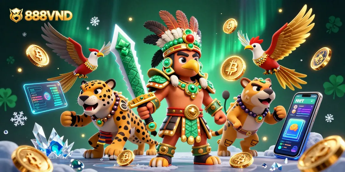 888VND players winning with a vibrant gaming scene featuring Aztec warriors and crypto elements.