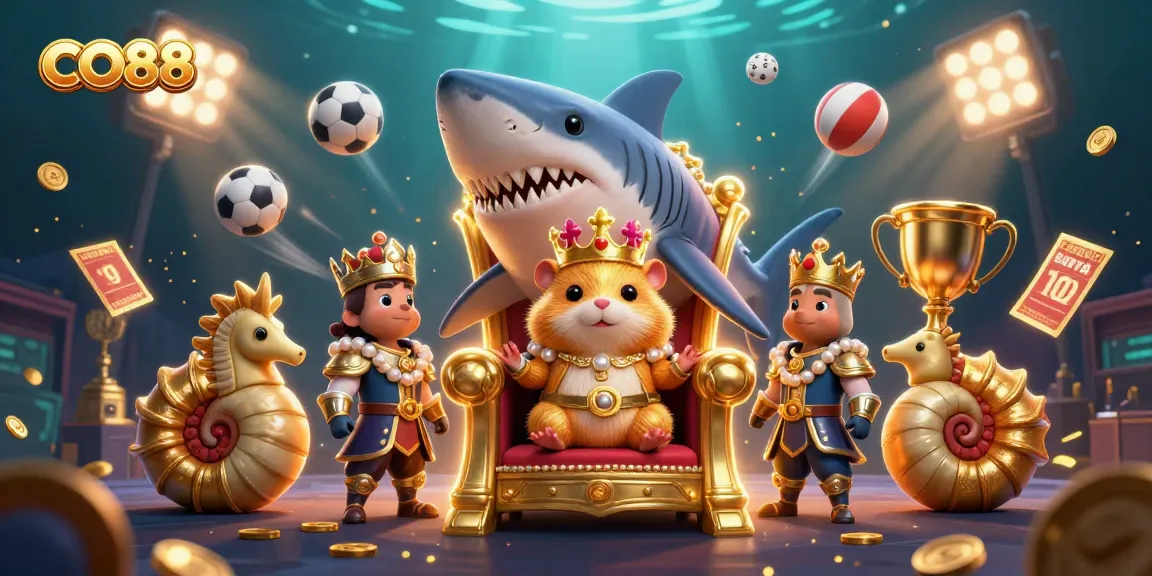 Engage with CO88's vibrant casino universe featuring an animated golden hamster king amidst dynamic sports betting elements.