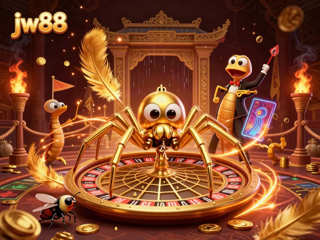Place your bets at jw88 with a golden spider web roulette scene bringing high stakes.