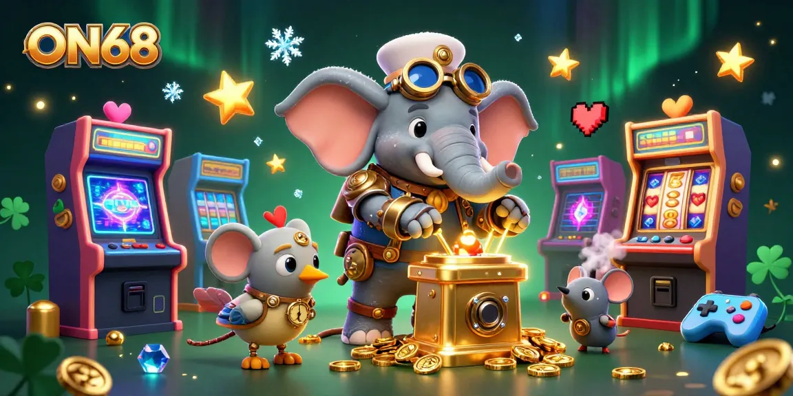 Experience excitement on ON68 with a steampunk elephant playing a golden slot machine amidst vibrant gaming elements.