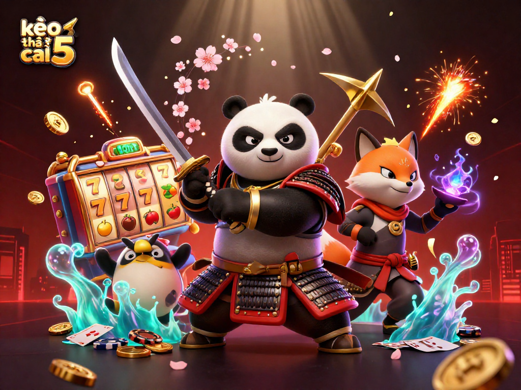 Bet on kèo nhà cái 5 with dynamic 3D cartoon characters in a vibrant casino scene.