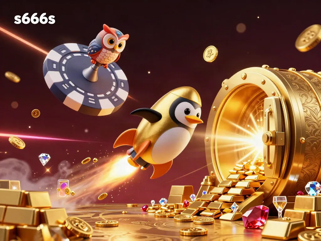 Blast through space with s666s in a dynamic casino scene featuring treasures and energy effects.