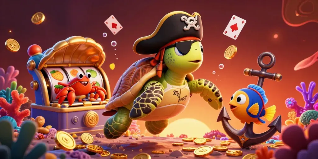 Engage with the vibrant 789 Club underwater casino scene featuring lively characters and gold treasures.