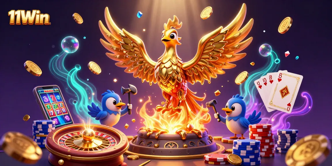 Experience winning excitement at 11Win with this vibrant casino-themed illustration.
