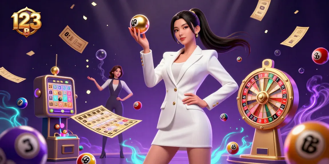 Experience 123 B with vibrant lottery elements and a glamorous casino atmosphere.