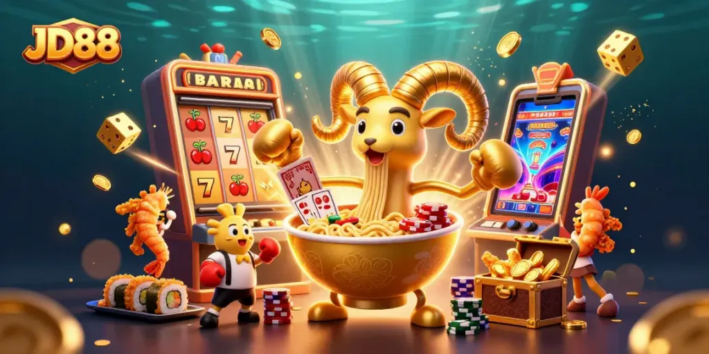 Engage with JD88 at a vibrant online casino, featuring colorful slot machines and casino characters.