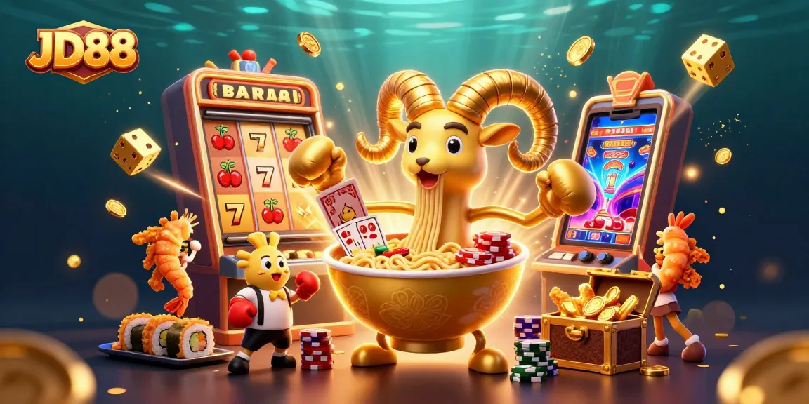 Engage with JD88 at a vibrant online casino, featuring colorful slot machines and casino characters.