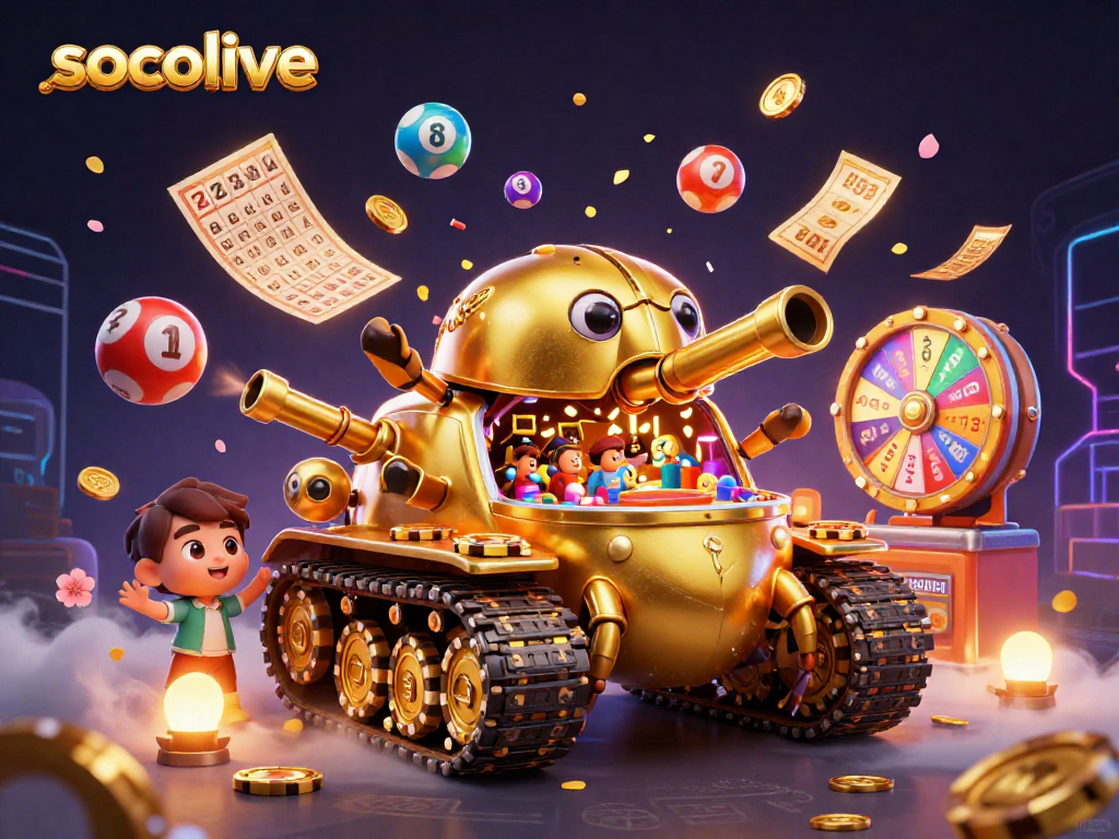 Socolive showcases a vibrant casino scene with golden beetle tank and lottery balls.