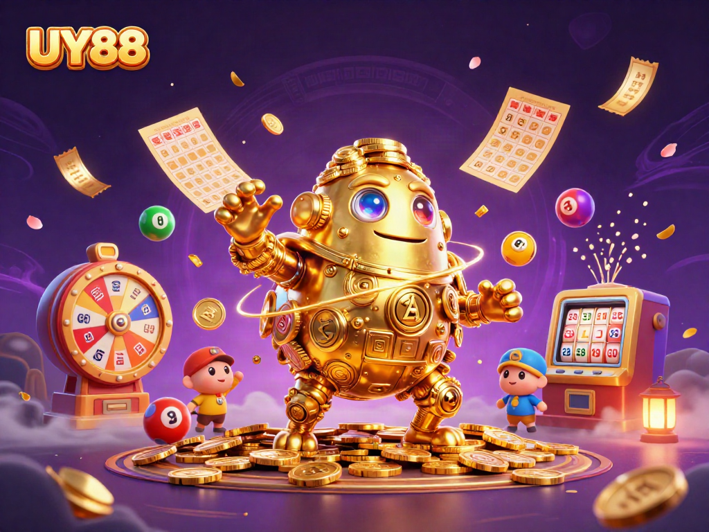 Join the excitement at UY88 with vibrant lotteries and engaging casino elements in a dynamic scene.