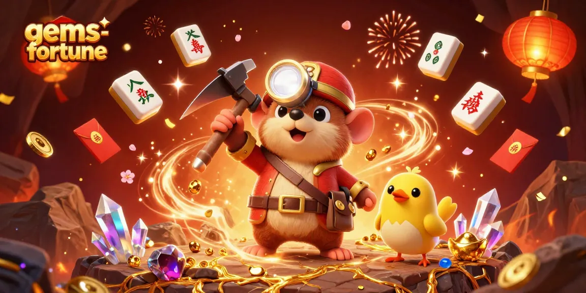 Spin to win with gems-fortune in a vibrant treasure-filled scene featuring an adventurous mole.