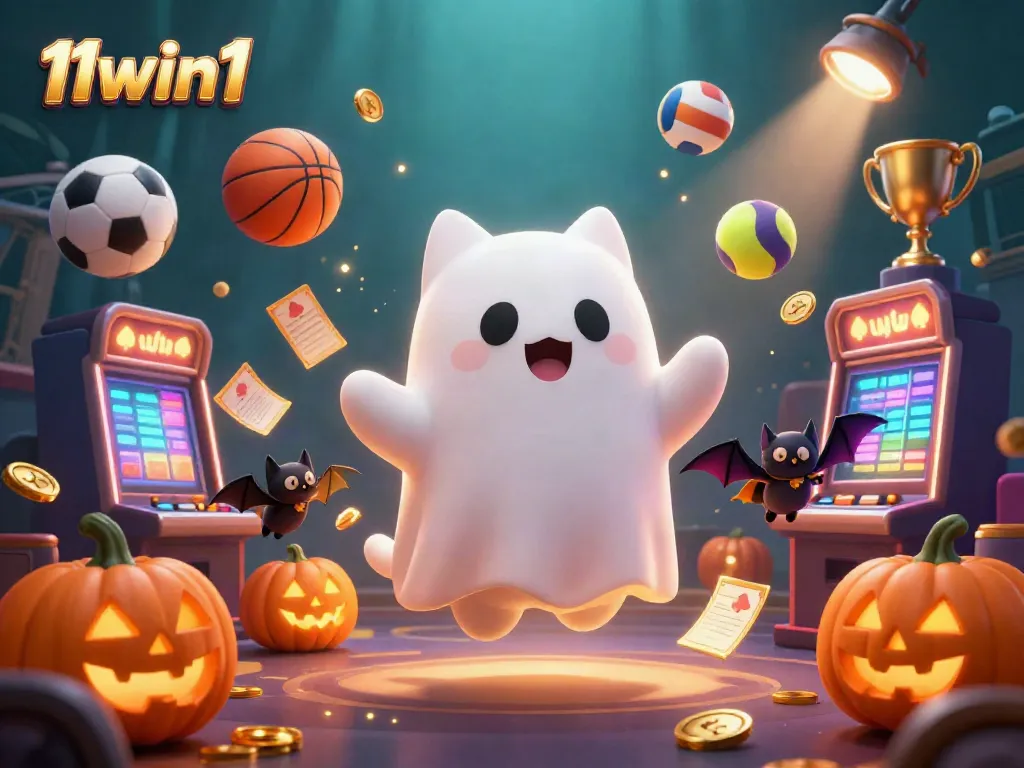 A friendly ghost cat with a vampire bat and glowing jack-o-lanterns in a haunted casino scene promoting 11win1.