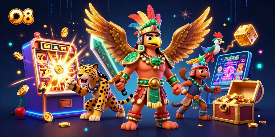 Win big with O8 in an action-packed casino scene featuring vibrant warriors and games.