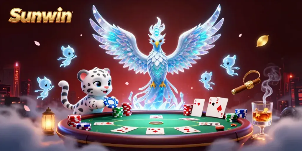 Experience the thrill of Sunwin with a vibrant casino scene featuring an ice phoenix and poker elements.