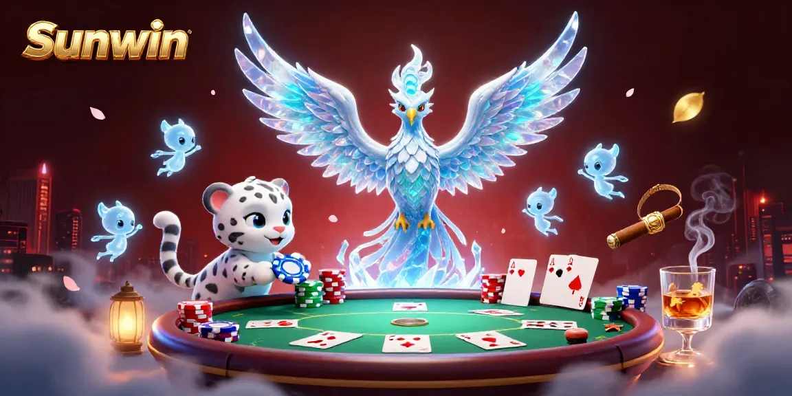 Experience the thrill of Sunwin with a vibrant casino scene featuring an ice phoenix and poker elements.