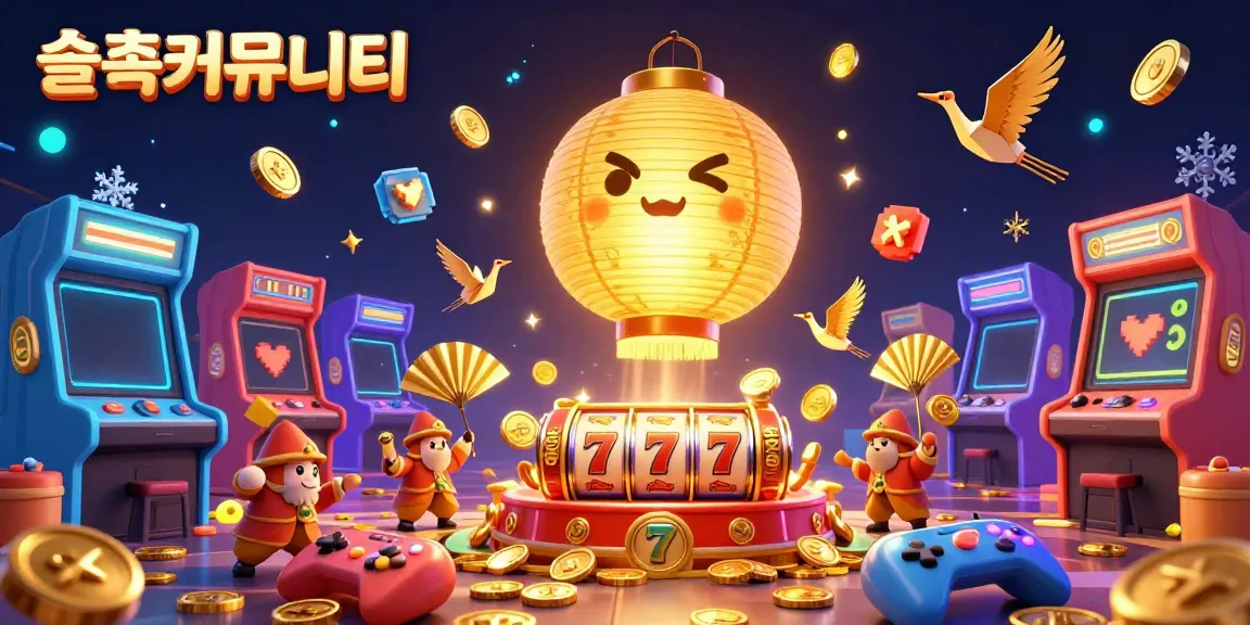 Experience the vibrant 슬롯커뮤니티 with a dynamic casino illustration showcasing exciting slot reels and lucky symbols.