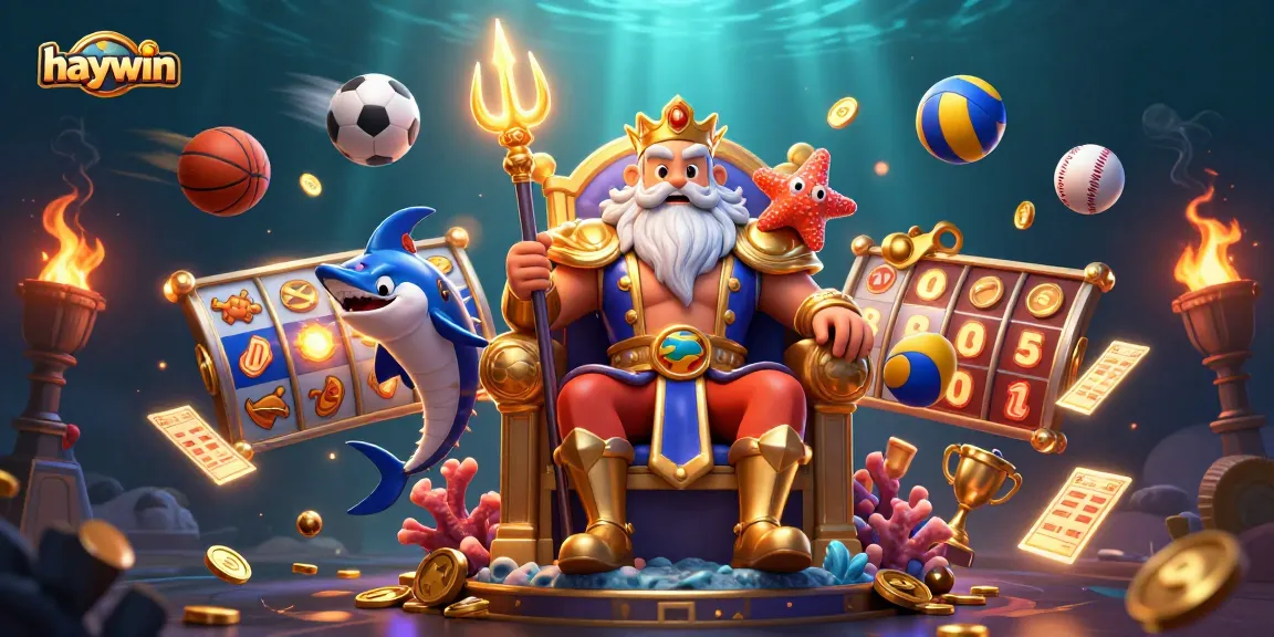 Experience the thrill of haywin with a vibrant casino illustration featuring Neptune and dynamic game elements.