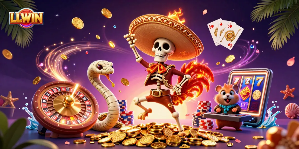 LLWIN offers a vibrant casino scene showcasing a festive 3D illustration with dynamic game elements.