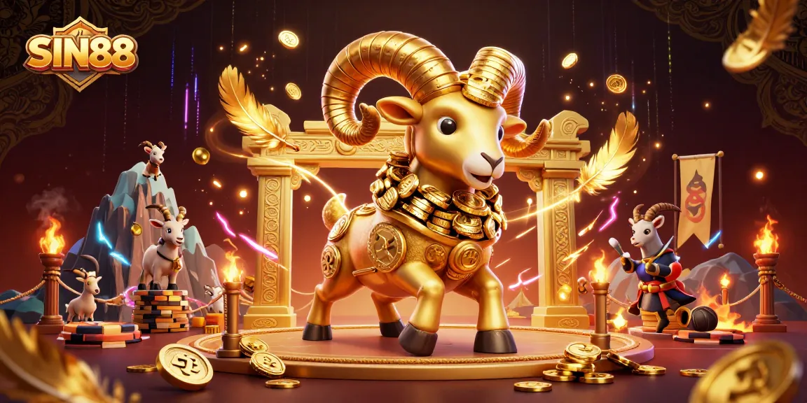 SIN88 showcases a golden ram charging through a grand casino gate, surrounded by gold coins and betting tokens.