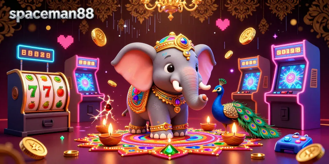 Join the adventure with spaceman88 in this vibrant casino-inspired gaming illustration featuring slot machines and neon elements.