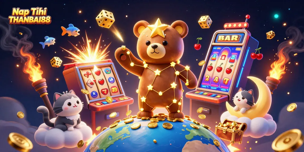 Engaging illustration showcasing Nạp Tiền THANBAI88 with a constellation bear, golden coins, and exciting slot machines.