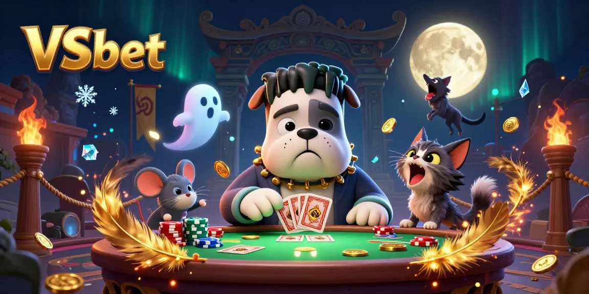 VSbet players engage with a 3D casino scene featuring vibrant characters dealing cards and chips.