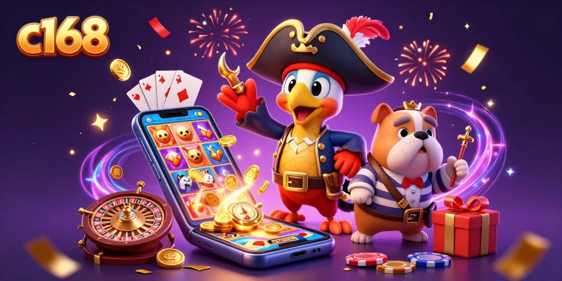 Enjoy the thrilling c168 gaming experience with lively characters exploring festive slot games and casino elements.